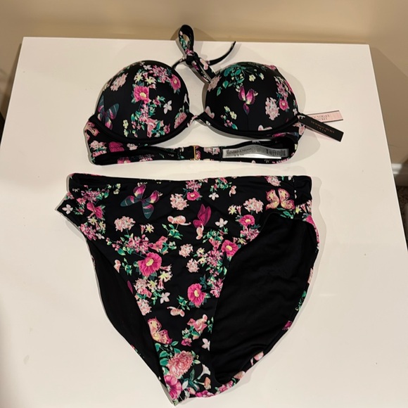Victoria Secret Black with Floral design Bikini Top is 34a Bottom M - Picture 1 of 5